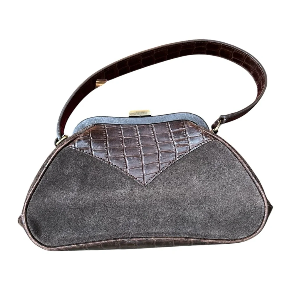 Vintage Laura Ashley Brown Leather Suede & Faux Croc Clasp Handbag - Picture 8 of 11